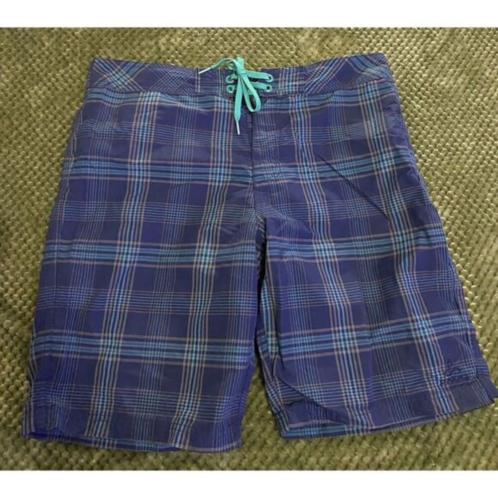 Prana Mens Plaid Board Shorts Purple Teal Size 34 UPF 50+ Swim Trunks Surf